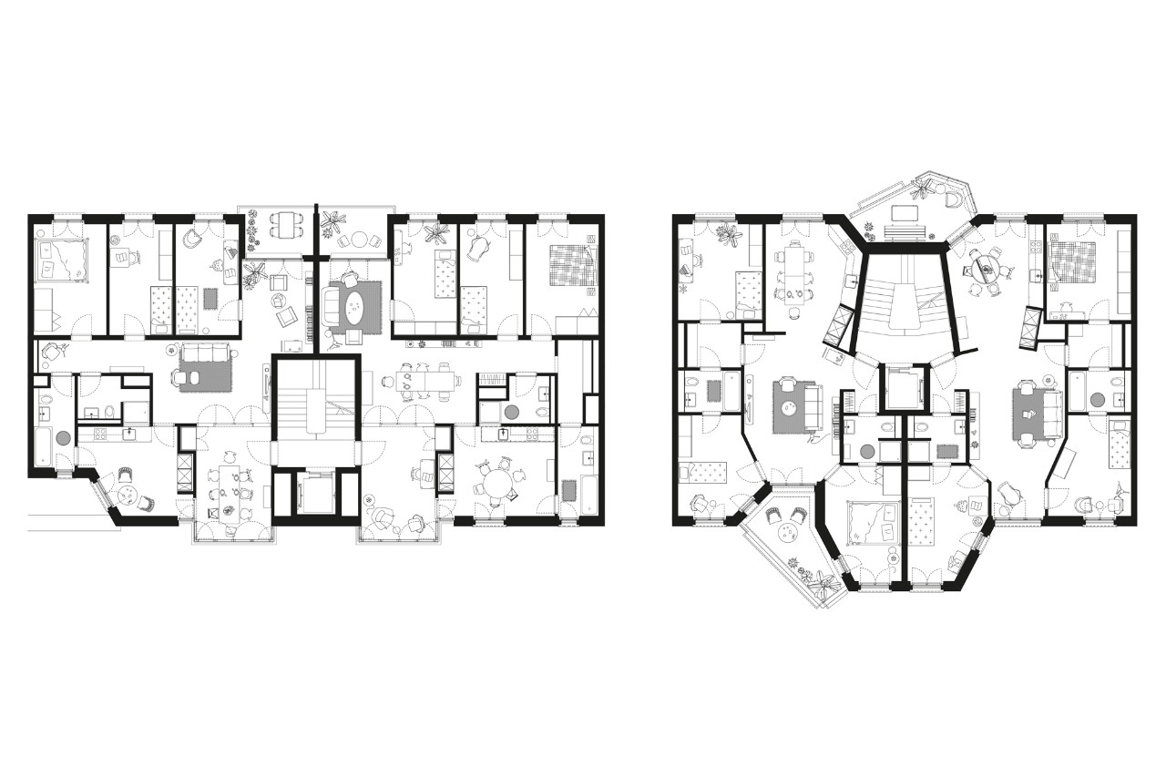 Grundriss Wohnung zur Bellerivestrasse mit 4-Jahreszeiten-Zimmer (links), Grundriss Wohnung Regeltyp mit wechselnden Balkonen (rechts), (Plan: Knapkiewicz & Fickert AG, Zürich)